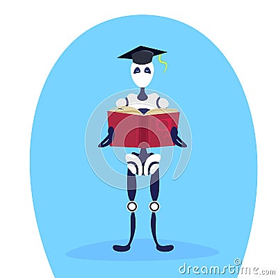 Modern robot graduation cap holding book artificial intelligence education concept cartoon character full length flat Vector Illustration