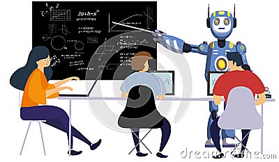 Modern robot helping teachers in the physics class at the chalkboard with formulas. Cartoon Illustration