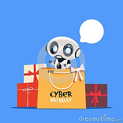 Modern Robot Holding Shopping Bag With Cyber Monday Text Online Holiday Modern Technology Sale Banner Design Vector Illustration