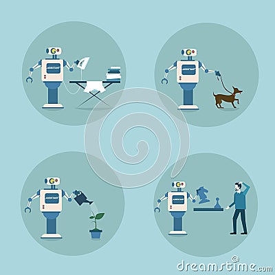 Modern Robot Icon Set Futuristic Artificial Intelligence Mechanism Housekeeping Technology Vector Illustration