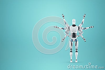 Modern Robot with many arms, multifunctional robot isolated on blue background. Concept of process automation, artificial Cartoon Illustration