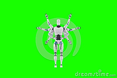 Modern Robot with multiple arms, multifunctional robot isolated on green background. Concept of process automation, artificial Cartoon Illustration