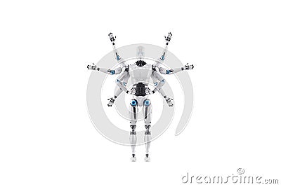 Modern Robot with multiple hands, multifunctional robot able to do several things at the same time. Concept of process automation Cartoon Illustration