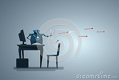 Modern Robot Protecting Computer Database From Attack Artificial Intelligence Data Security Technology Vector Illustration