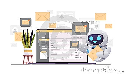 modern robot sending or receiving letters email inbox message notification artificial intelligence technology Vector Illustration