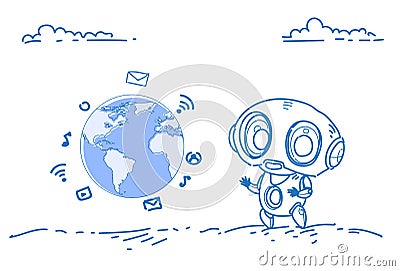 Modern robot social media icons global network communication international online connection artificial intelligence Vector Illustration