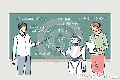 Digital robot helping teachers at board in classroom Vector Illustration