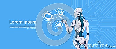 Modern Robot Using Digital Touchscreen Monitor, Futuristic Artificial Intelligence Mechanism Technology Vector Illustration