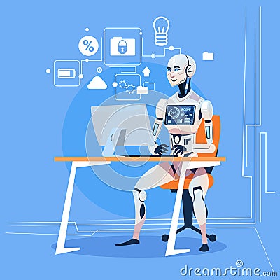 Modern Robot Working With Computer Fixing Errors Futuristic Artificial Intelligence Technology Concept Vector Illustration