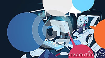 Modern Robot Working On Computer Futuristic Artificial Intelligence Mechanism Technology Vector Illustration