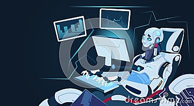 Modern Robot Working On Computer Futuristic Artificial Intelligence Mechanism Technology Vector Illustration