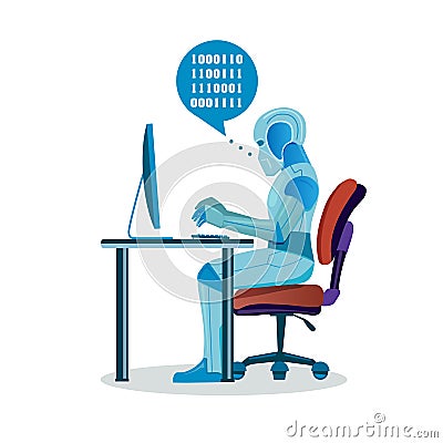 Modern Robot Working With Computer Vector Illustration