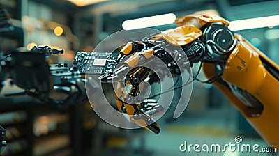 Modern Robotic Arm Picking Up and Moving a Microchip. Engineer Interacts with the Robot Hand By Using a Virtual Reality Stock Photo