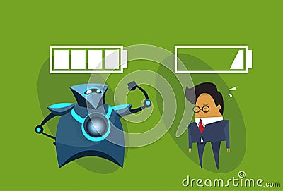 Modern Robotic And Business Man With Battery Signs Icon Human Vs Robots Artificial Intelligence Concept Vector Illustration