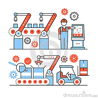 Modern robotic and manual manufacturing assembly Vector Illustration