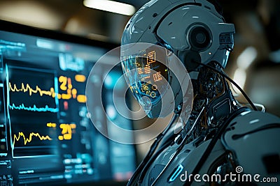 Generative Ai, modern robots analyze science data, sophisticated laboratory results with display screens Stock Photo
