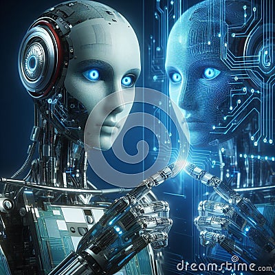 modern robots with artificial intelligence, with blue eyes Stock Photo