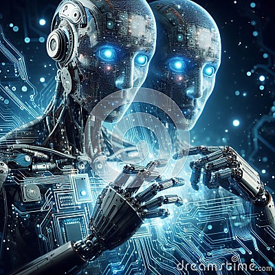 modern robots with artificial intelligence, with blue eyes Stock Photo