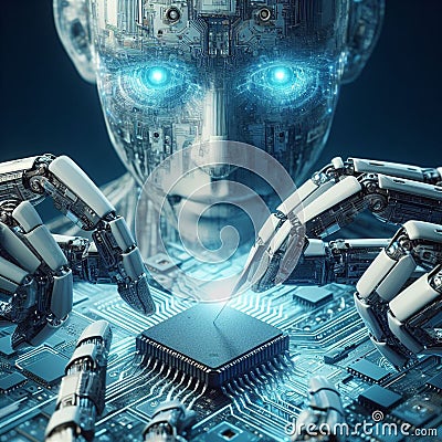 modern robots with artificial intelligence, with blue eyes Stock Photo