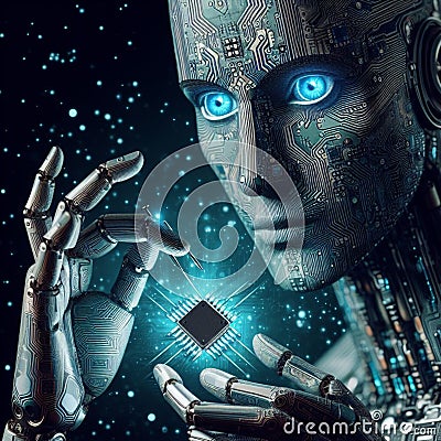 modern robots with artificial intelligence, with blue eyes Stock Photo