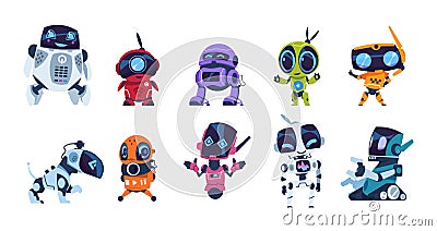 Modern robots. Cartoon friendly mascots. Personal assistants. Collection of mechanical toys. Artificial intelligence or Vector Illustration