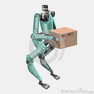 Modern robots delivery methods. Biped robot with box and fast delivery of goods in the city. Technological shipment Vector Illustration
