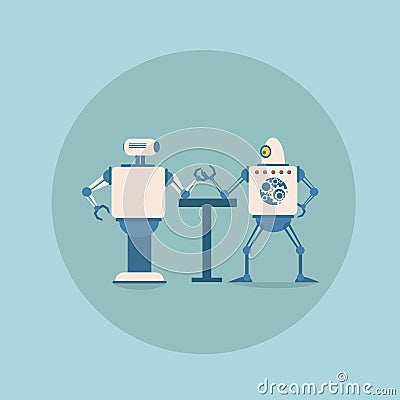 Modern Robots Playing Arm Wrestling Concept Futuristic Artificial Intelligence Mechanism Technology Vector Illustration