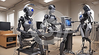 Modern robots using a computers Stock Photo