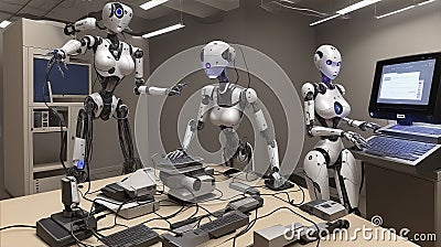 Modern robots using a computers Stock Photo