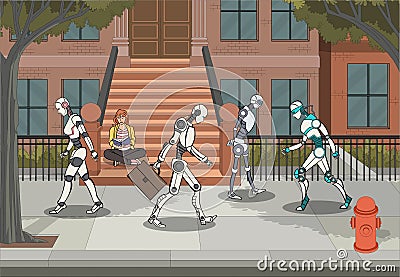 Modern robots walking in the city while woman reads a book. Vector Illustration