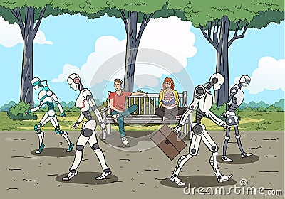 Modern robots walking in the park while humans rest on the bench. Vector Illustration