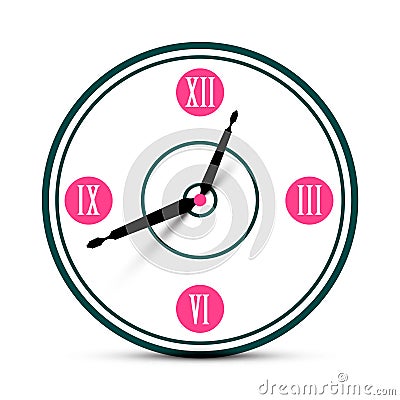 Modern Roman Numeral Analog Clock Symbol. Vector Illustration
