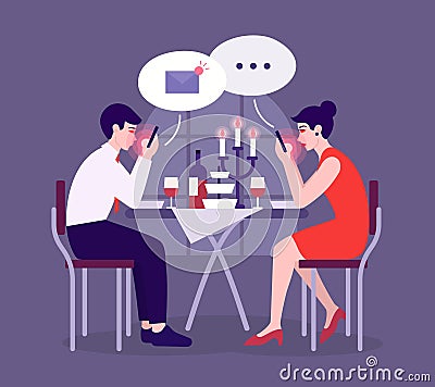 Modern romantic dinner. Couple looks in their smartphones on date. Social media addiction. Man and woman sit at table Vector Illustration