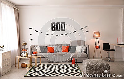 Modern room decorated for Halloween. Festive Stock Photo