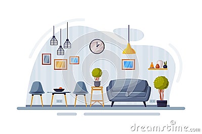 Modern Room Interior Design, Cozy Apartments with Comfy Furniture and Home Decor, Sofa, Chairs and Coffee Table Vector Vector Illustration