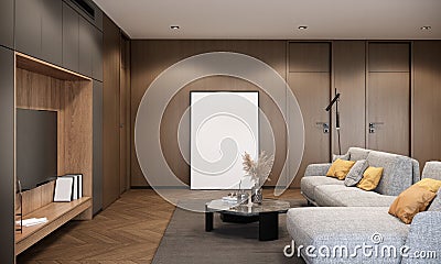 Modern room interior design and decoration with fabric sofa round coffee table and orange stool in living room. 3d rendering Stock Photo