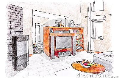 Modern room interior sketch. hand painted graphical sketch of li Stock Photo