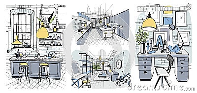 Modern room interiors in loft style. Set of hand drawn colorful illustration. Vector Illustration