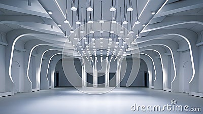 Modern Room with Recessed Halogen Spots and Elaborate White Stretch Ceiling. Concept Modern Stock Photo