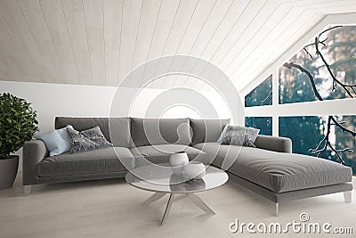 Modern room with sofa,pillows,plant and natural background in windows interior design. 3D illustratio Stock Photo
