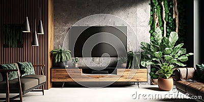 Modern room TV screen Interior of living room with wooden sideboard over granite wall - Generative A Stock Photo