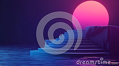 Modern rooms are illuminated by neon lights, creating a dynamic glow, artistic patterns, and a colorful environment in Stock Photo