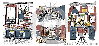 Modern rooms interiors in loft style. Set of hand drawn colorful illustration. Vector Illustration