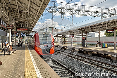 Modern Russian Railways stations and passenger trains Editorial Stock Photo