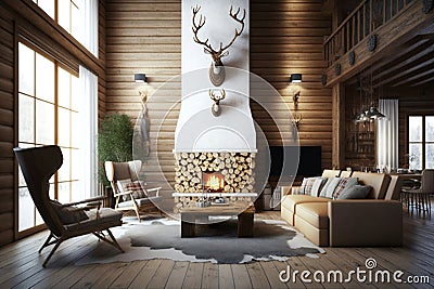 Modern Rustic Cottage Living Room Decor with Chalet Cozy Interior Wood Wall. Generative AI Stock Photo