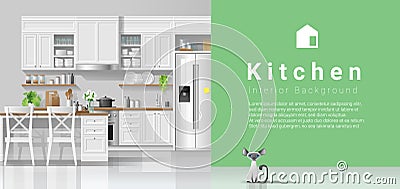 Modern rustic kitchen with green wall background Vector Illustration