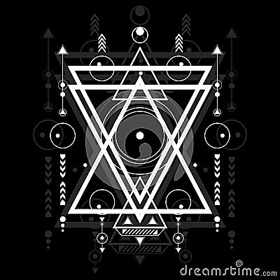 Modern sacred geometry outline shapes on black background. Sacred mystic signs drawn in lines. Illustration in white lines shape. Vector Illustration