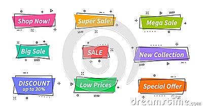 Modern sale banners set. Hipster arrival stickers, text sale label design with memphis shapes. Color frames, modern Vector Illustration