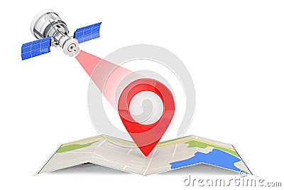 Modern Satelite Broadcasting to Folded Abstract Navigation Map w Stock Photo