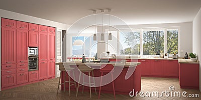 Modern scandinavia kitchen with big windows, panorama classic white and red interior design Stock Photo